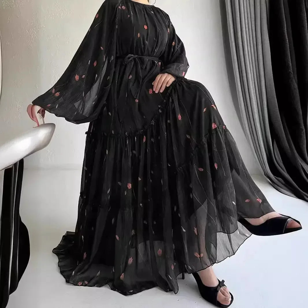 Muslim Women's Dress Casual Fashion Middle Eastern Chiffon Round Neck Tie-Dye with Belt Long Temperament Elegant Arab Dress