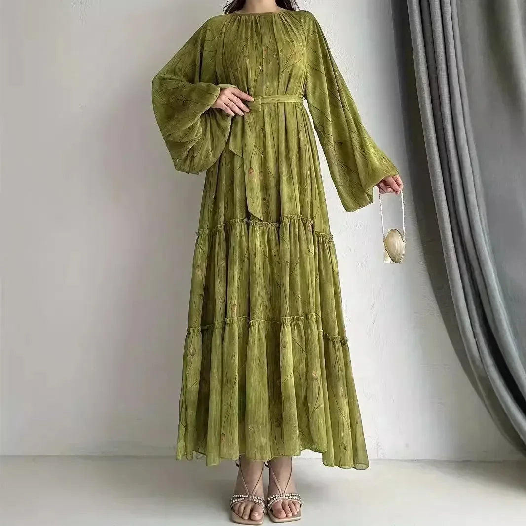 Muslim Women's Dress Casual Fashion Middle Eastern Chiffon Round Neck Tie-Dye with Belt Long Temperament Elegant Arab Dress