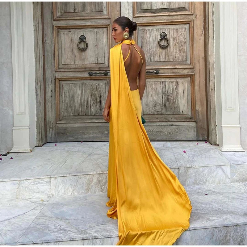 Sexy Satin Ribbon Party Dress Women Elegant Halter Backless Off Shoulder Sleeveless Female Dresses 2024 Summer Solid Robe Gown