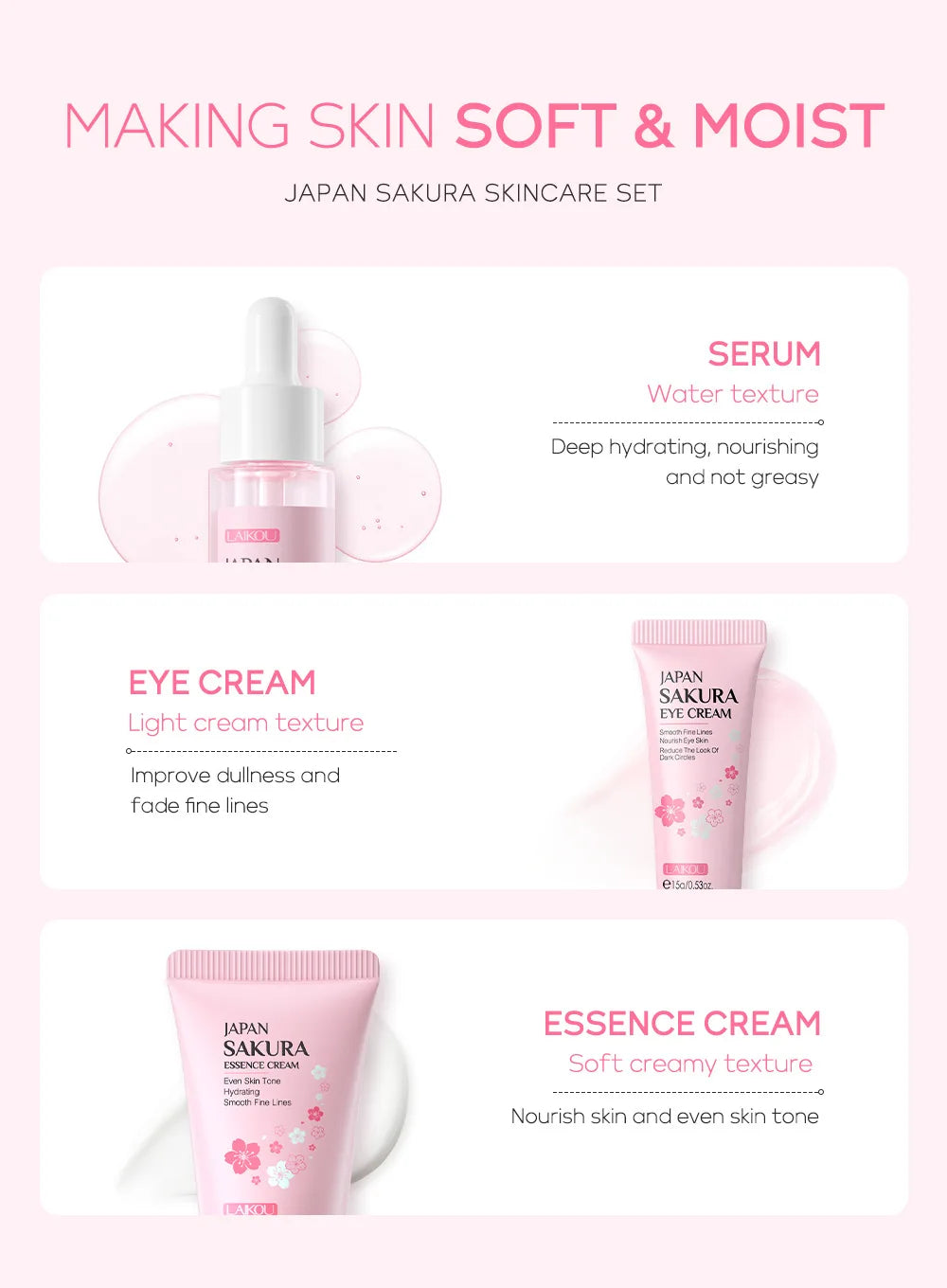 3pcs/set LAIKOU Vitamin C 24K Golden Sakura Skin Care Sets Face Cream Serum Eye Cream Moisturizing Anti Wrinkles Face Care Kit