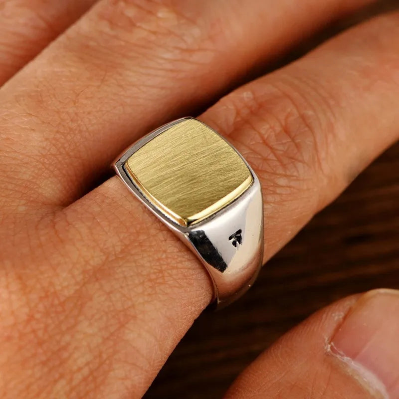 BOCAI Real S925 Silver Jewelry Frosted Gold Smooth Trend Simple Square Wide Face for Man and Woman Ring Exquisite Gift