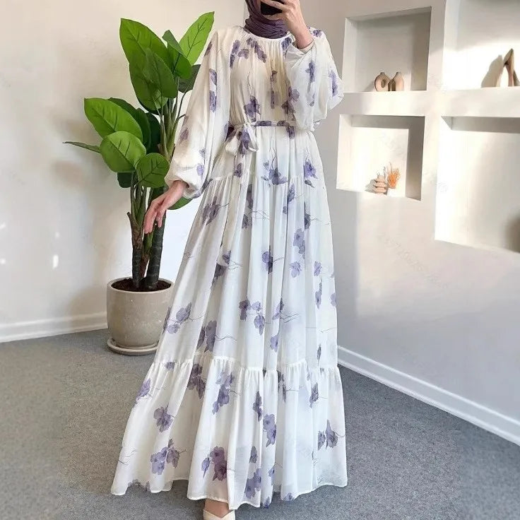 Muslim Women's Dress Casual Fashion Middle Eastern Chiffon Round Neck Tie-Dye with Belt Long Temperament Elegant Arab Dress