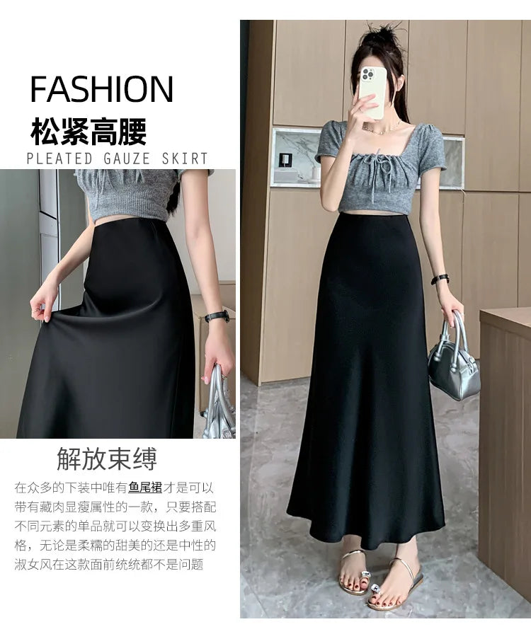 Acetic Satin Fishtail Skirt Woman Korean Fashion Elastic High Waist Skirts for Women Spring/Summer 2024 New Chic Lady Skirts