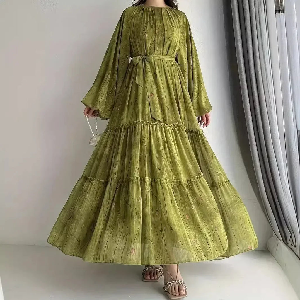 Muslim Women's Dress Casual Fashion Middle Eastern Chiffon Round Neck Tie-Dye with Belt Long Temperament Elegant Arab Dress