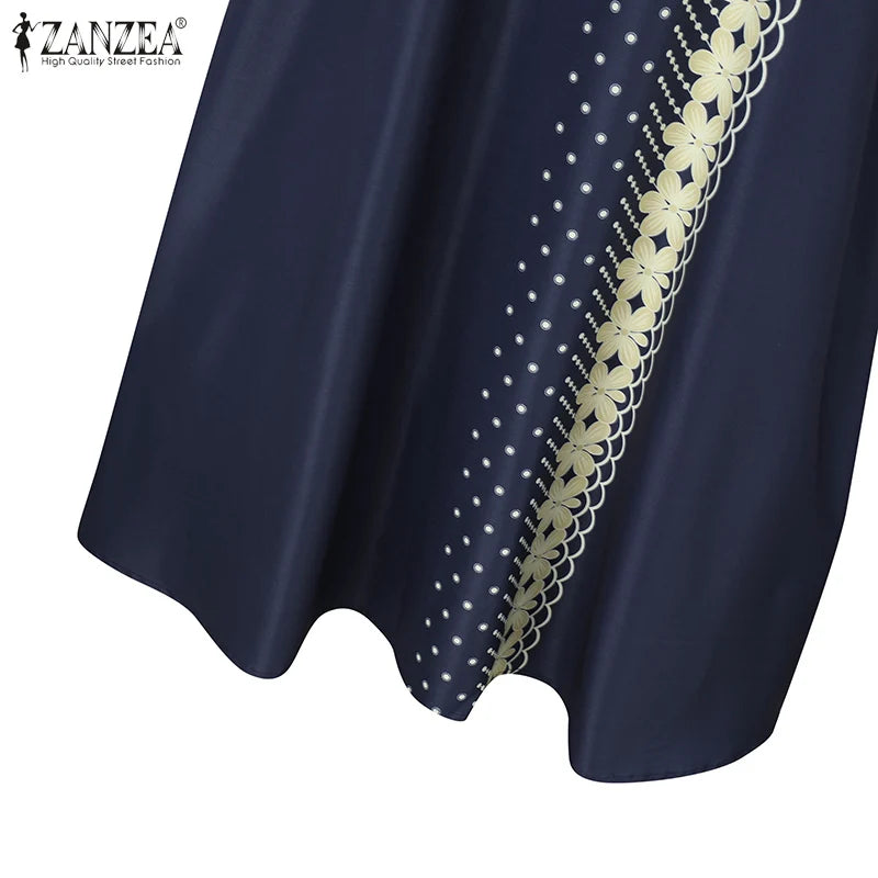ZANZEA Muslim Fashion Dresses Abaya Women Elegant Long Sleeve Floral Printed Maxi Sundress Vestidos Kaftan IsIamic Robe Ramadan