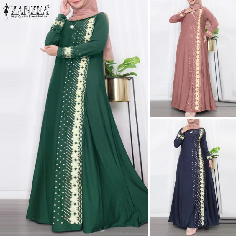 ZANZEA Muslim Fashion Dresses Abaya Women Elegant Long Sleeve Floral Printed Maxi Sundress Vestidos Kaftan IsIamic Robe Ramadan