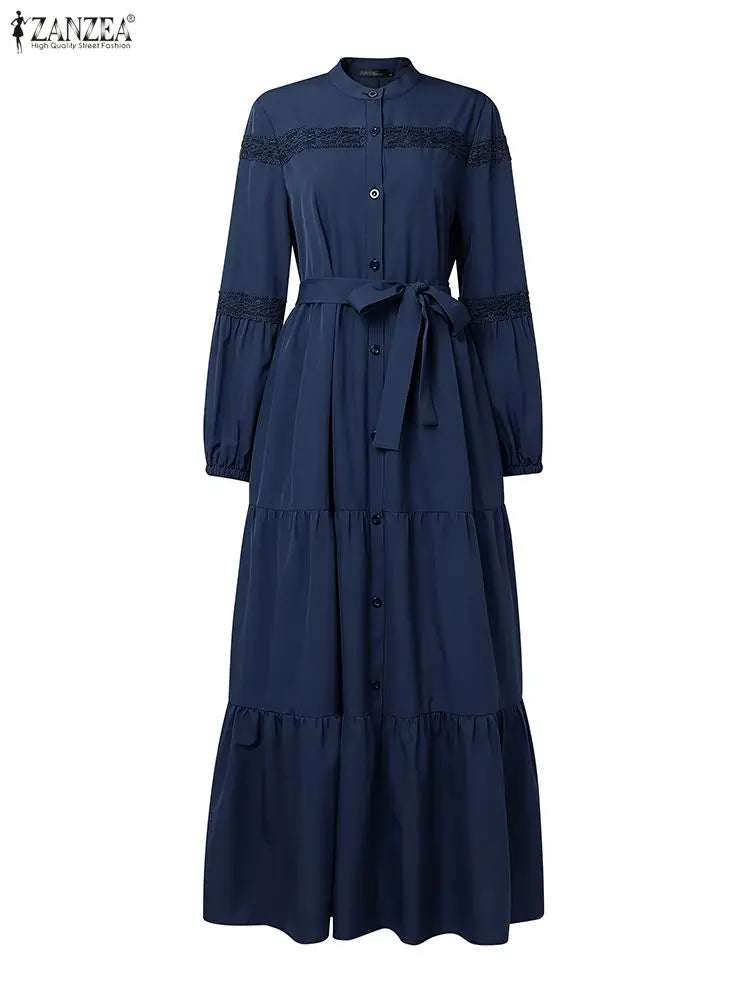 Muslim Modest Hijabs Women Long Dresses ZANZEA Elegant Lace Patchwork O-Neck Long Sleeve Belted Tiered A-Line Dress Abaya Robes