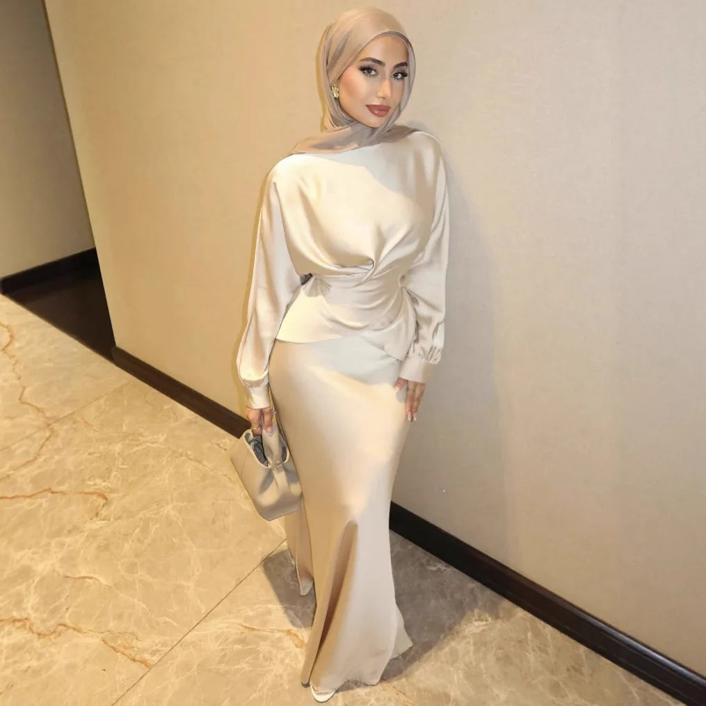 Silk Satin Muslim Top with Dress 2 Piece Sets Mermaid Evening Dresses for Women Abaya Dubai Luxury Kaftan Robe Party Gown 2025
