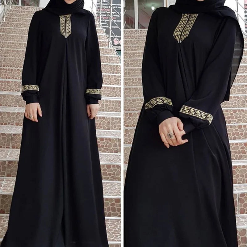 New Women's Fashion Muslim Dress Vintage Islamic Loose Clothing Elegant Dubai Turkish Long Sleeve Party Dresses