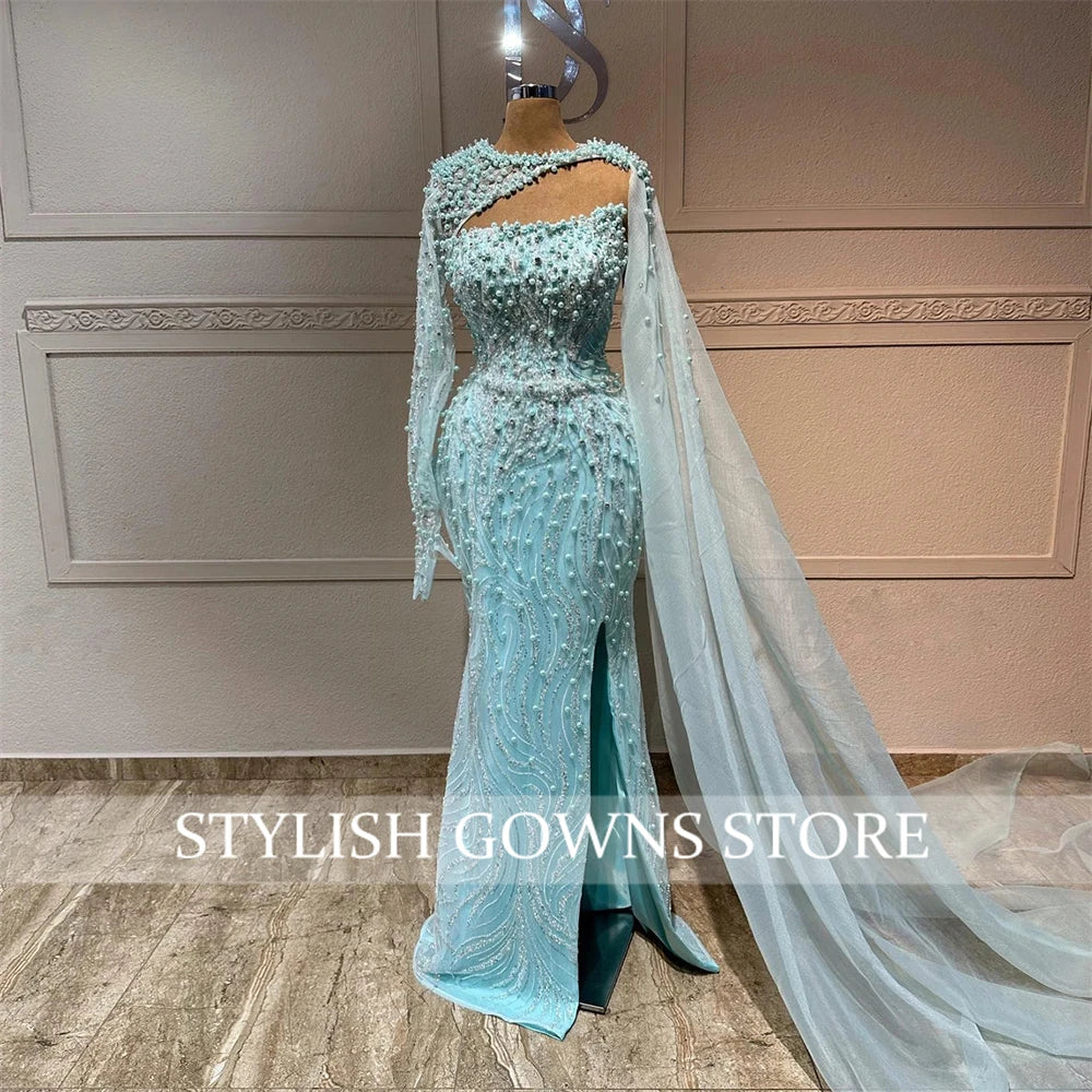 Blue Pearls Muslim Evening Dresses Sequin Dress Women Elegant Party Long Sleeve O Neck Formal Gown Customized