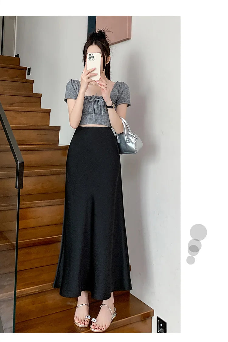 Acetic Satin Fishtail Skirt Woman Korean Fashion Elastic High Waist Skirts for Women Spring/Summer 2024 New Chic Lady Skirts