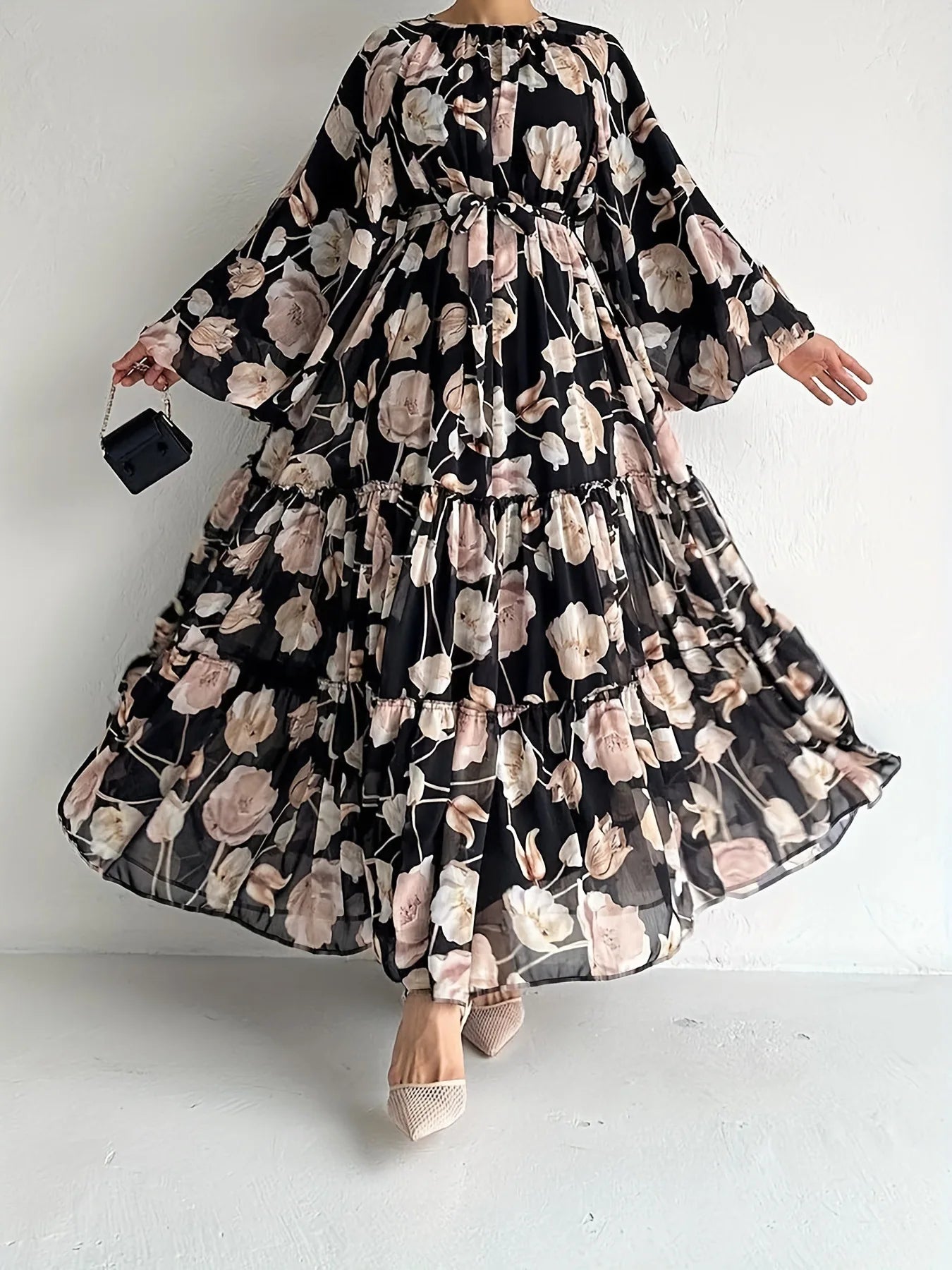 Muslim Women's Dress Casual Fashion Middle Eastern Chiffon Round Neck Tie-Dye with Belt Long Temperament Elegant Arab Dress