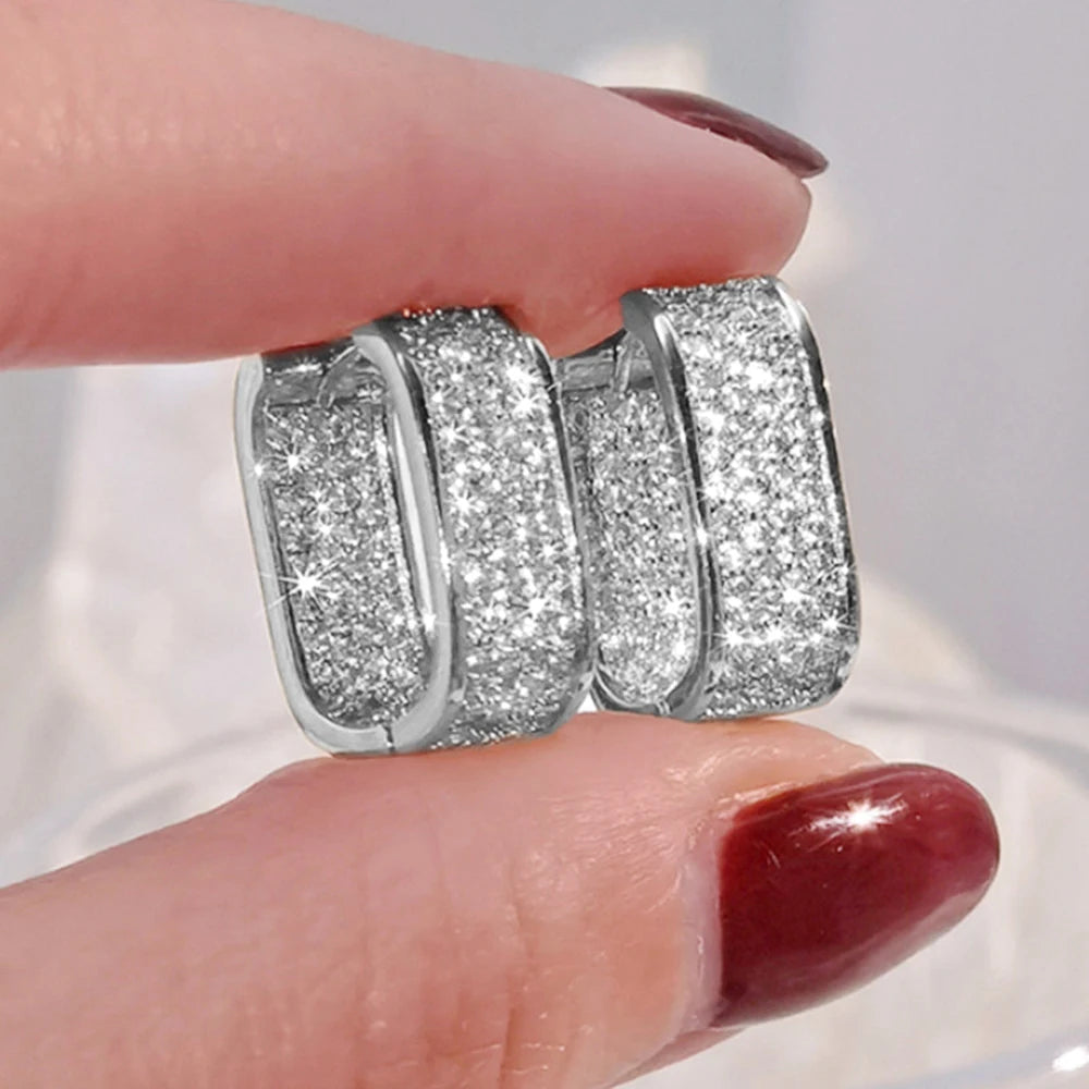 Huitan Korean Fashion Paved CZ Hoop Earrings for Women Metal Silver Color/Gold Color Simple Versatile Girls Earrings Hot Jewelry