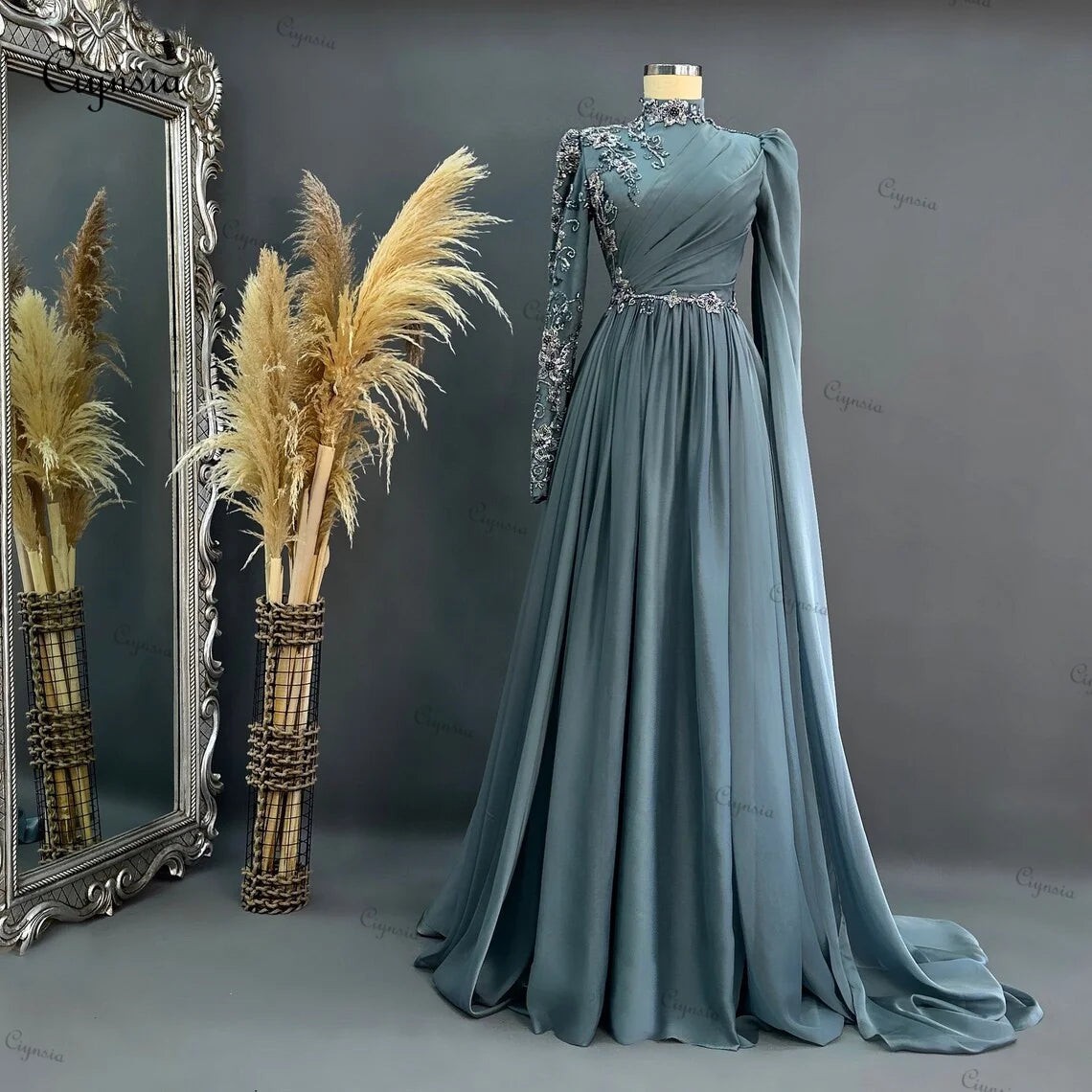 Ciynsia Islamic Long Sleeves Muslim Evening Dresses Women Elegant A-Line Chiffon Beaded Dubai Formal Prom Gowns Robe De Soiree