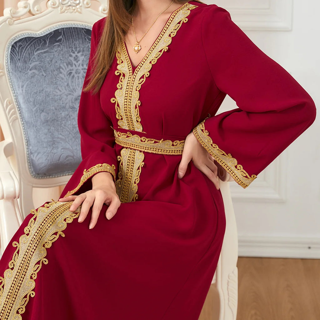 Muslim Women's Clothing, Solid Color Patchwork Basic Style, Loose Embroidery, Long Skirt, Dress, Long-Sleeved Dress