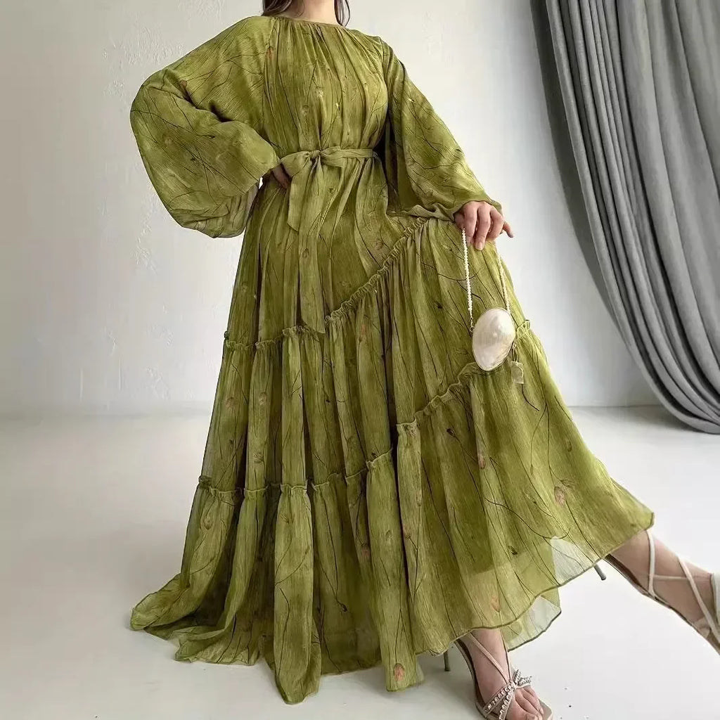 Muslim Women's Dress Casual Fashion Middle Eastern Chiffon Round Neck Tie-Dye with Belt Long Temperament Elegant Arab Dress