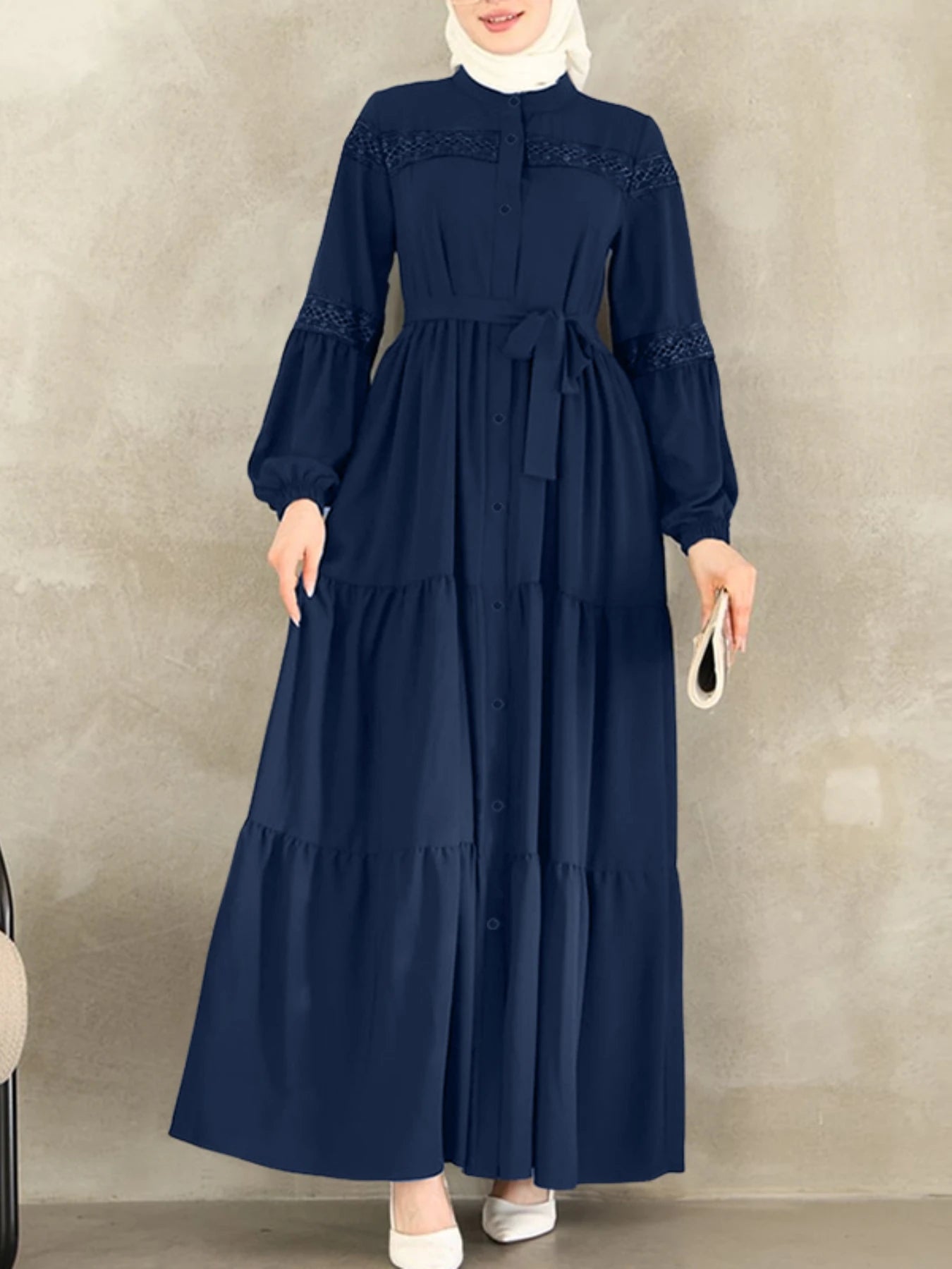 Muslim Modest Hijabs Women Long Dresses ZANZEA Elegant Lace Patchwork O-Neck Long Sleeve Belted Tiered A-Line Dress Abaya Robes