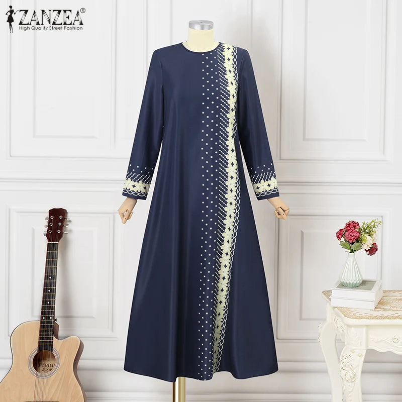 ZANZEA Muslim Fashion Dresses Abaya Women Elegant Long Sleeve Floral Printed Maxi Sundress Vestidos Kaftan IsIamic Robe Ramadan