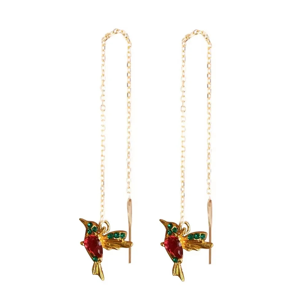 Hummingbird Red CZ Long Earrings For Women Gold Color Metal Green Stone Red CZ Wing Spreading Drop Earring Wedding Party Jewelry