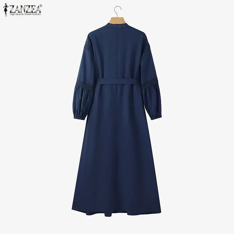 Muslim Modest Hijabs Women Long Dresses ZANZEA Elegant Lace Patchwork O-Neck Long Sleeve Belted Tiered A-Line Dress Abaya Robes