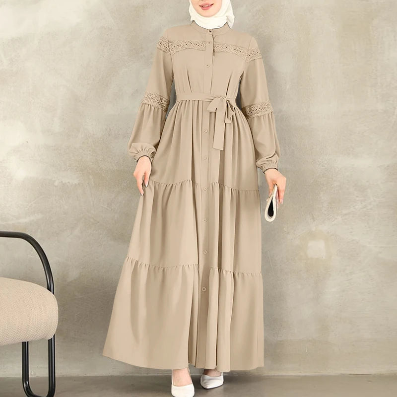 Muslim Modest Hijabs Women Long Dresses ZANZEA Elegant Lace Patchwork O-Neck Long Sleeve Belted Tiered A-Line Dress Abaya Robes