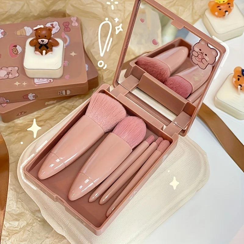 5Pcs Portable Makeup Brush Set With Mirror -  Foldable Travel Kit ，Mini Makeup Brush Set Travel Makeup Brush Set