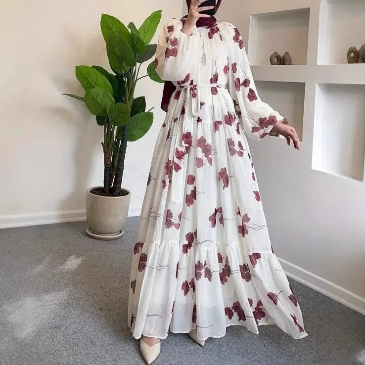 Muslim Women's Dress Casual Fashion Middle Eastern Chiffon Round Neck Tie-Dye with Belt Long Temperament Elegant Arab Dress