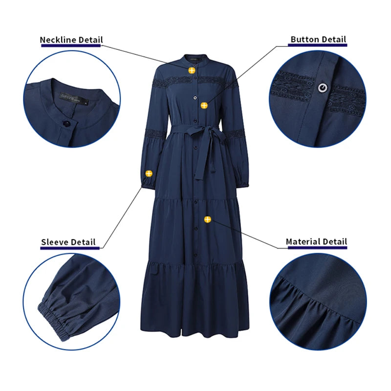 Muslim Modest Hijabs Women Long Dresses ZANZEA Elegant Lace Patchwork O-Neck Long Sleeve Belted Tiered A-Line Dress Abaya Robes