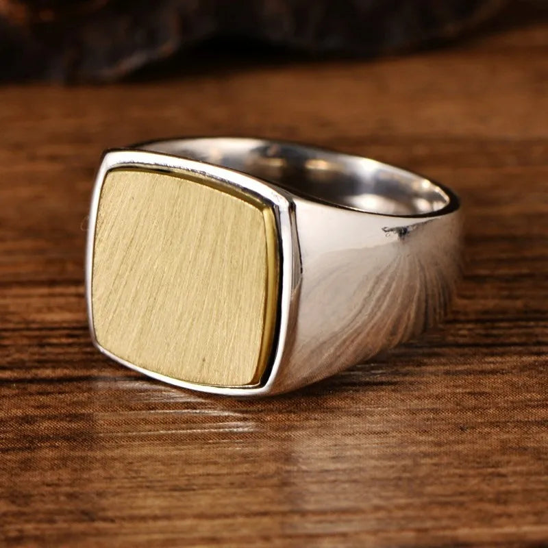 BOCAI Real S925 Silver Jewelry Frosted Gold Smooth Trend Simple Square Wide Face for Man and Woman Ring Exquisite Gift