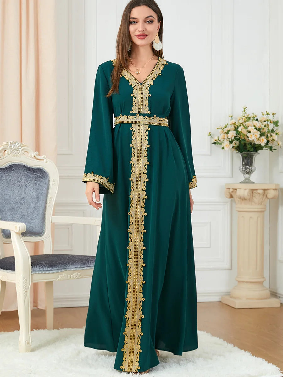 Muslim Women's Clothing, Solid Color Patchwork Basic Style, Loose Embroidery, Long Skirt, Dress, Long-Sleeved Dress