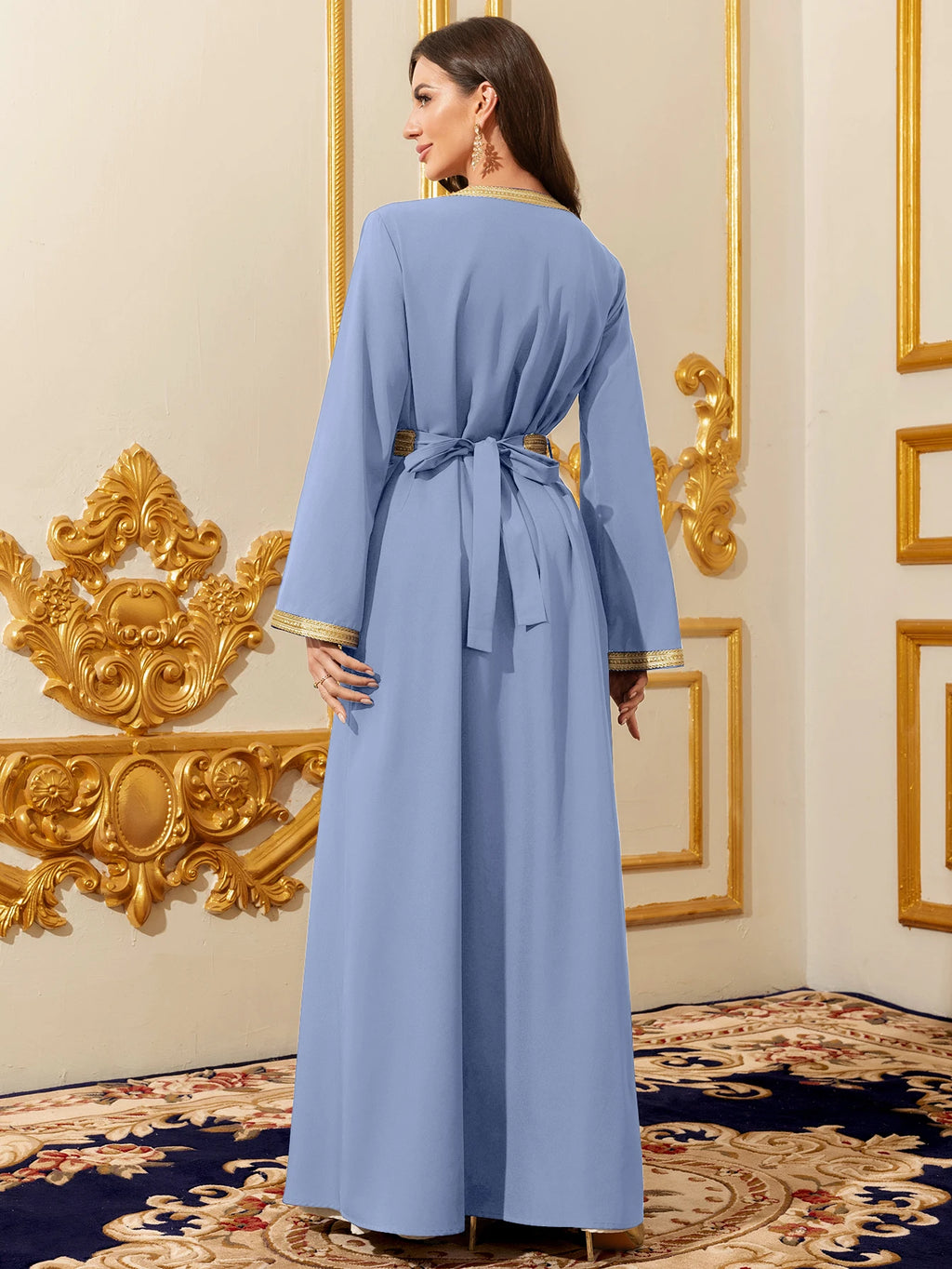 Middle East Elegant Muslim Dress Set Gold Embroidered Evening Gown Traditional Islamic Dresses