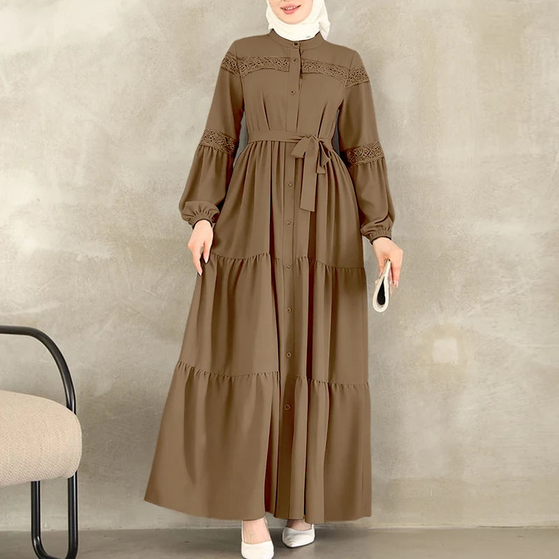 Muslim Modest Hijabs Women Long Dresses ZANZEA Elegant Lace Patchwork O-Neck Long Sleeve Belted Tiered A-Line Dress Abaya Robes