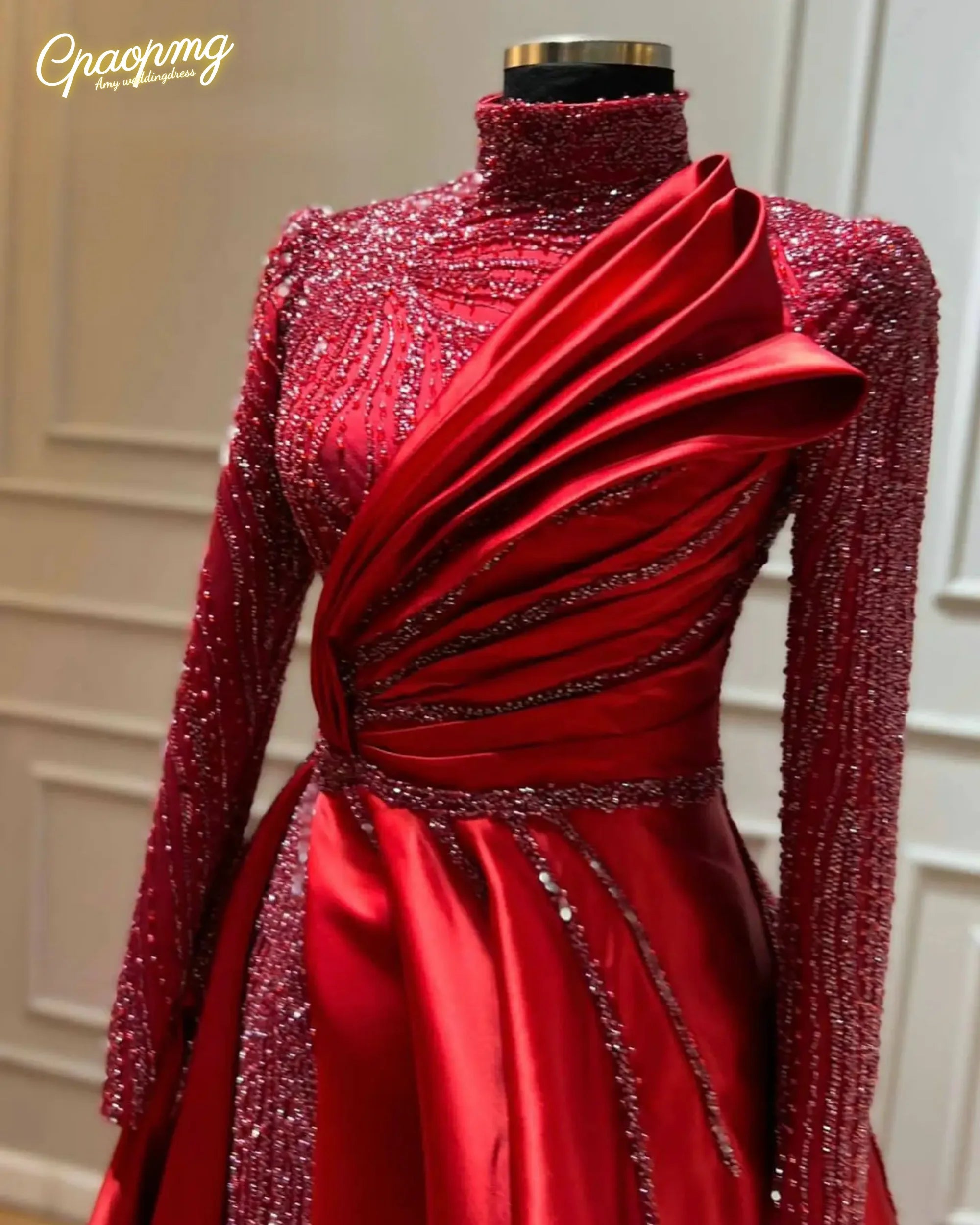 Customized Wine Red Muslim Long Sleeve Evening Dresses  Beaded High Neck Dubai Arabic Formal Wedding Party Gowns ﻿
