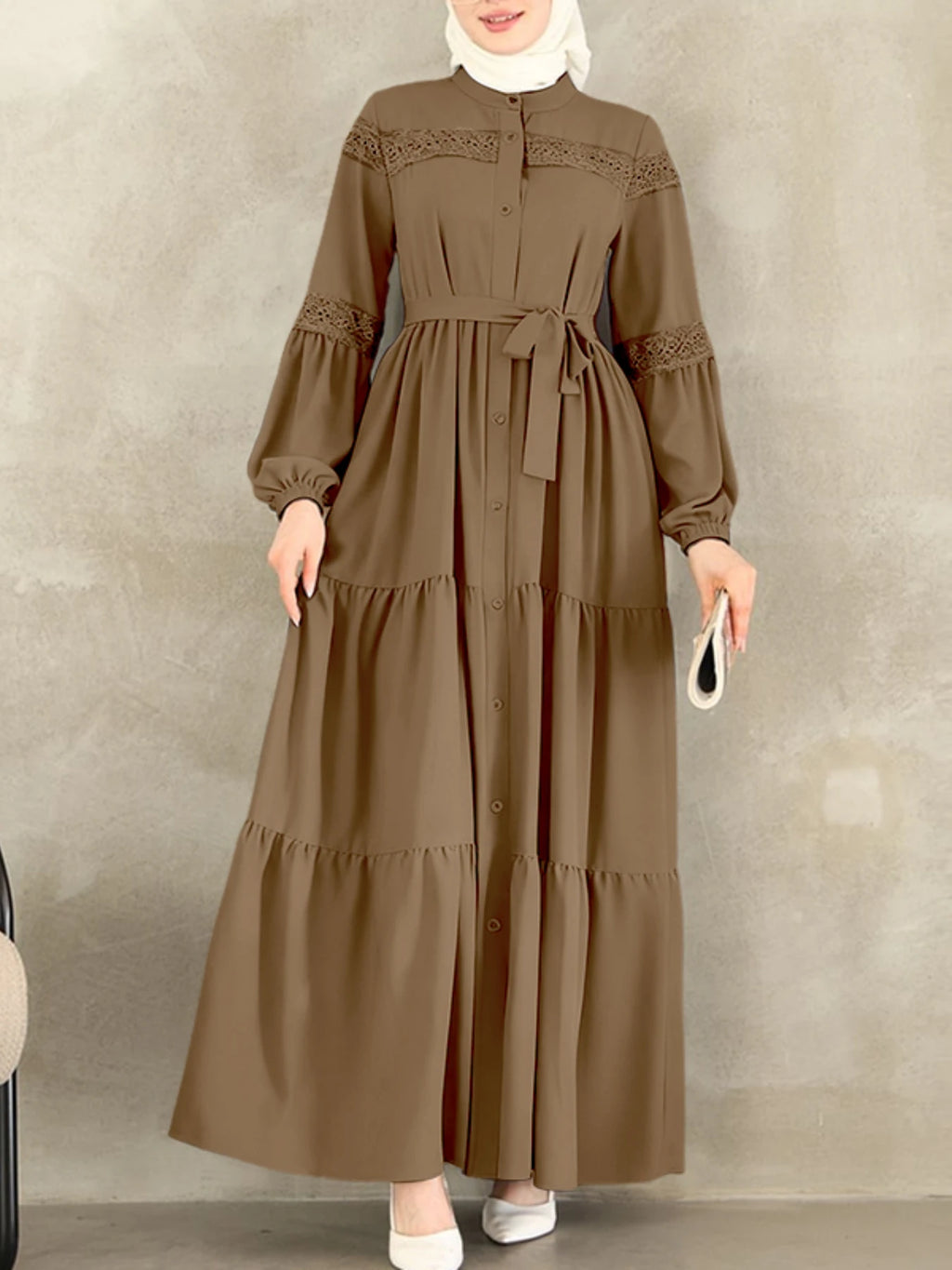 Muslim Modest Hijabs Women Long Dresses ZANZEA Elegant Lace Patchwork O-Neck Long Sleeve Belted Tiered A-Line Dress Abaya Robes