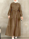 Muslim Modest Hijabs Women Long Dresses ZANZEA Elegant Lace Patchwork O-Neck Long Sleeve Belted Tiered A-Line Dress Abaya Robes