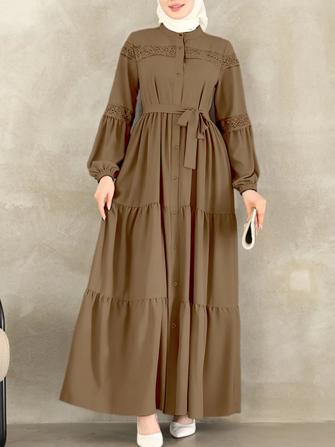 Muslim Modest Hijabs Women Long Dresses ZANZEA Elegant Lace Patchwork O-Neck Long Sleeve Belted Tiered A-Line Dress Abaya Robes