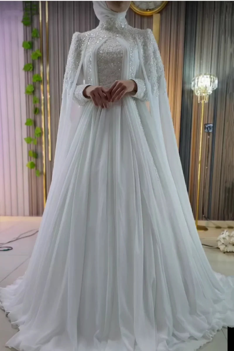 Muslim Long Sleeve Wedding Dress Elegant High Collar Beaded Chiffon A- – Velvet Noir Muslim Long Sleeve Wedding Dress Elegant High Collar Beaded Chiffon A- – Velvet Noir