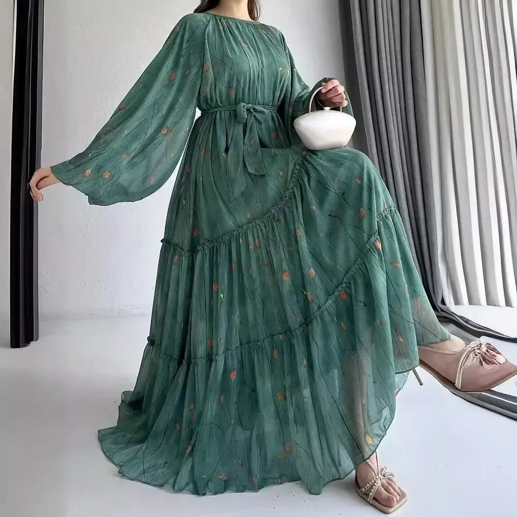 Muslim Women's Dress Casual Fashion Middle Eastern Chiffon Round Neck Tie-Dye with Belt Long Temperament Elegant Arab Dress