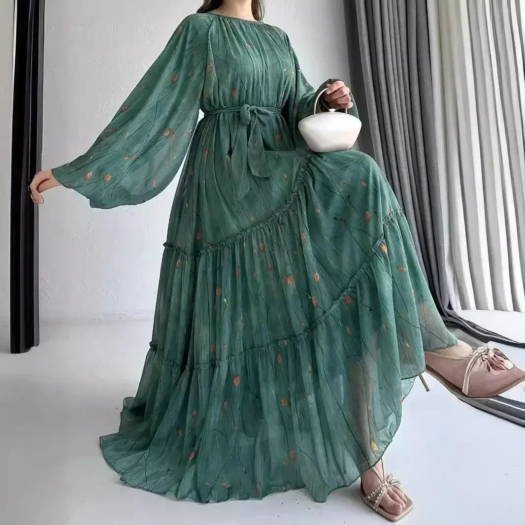 Muslim Women's Dress Casual Fashion Middle Eastern Chiffon Round Neck Tie-Dye with Belt Long Temperament Elegant Arab Dress