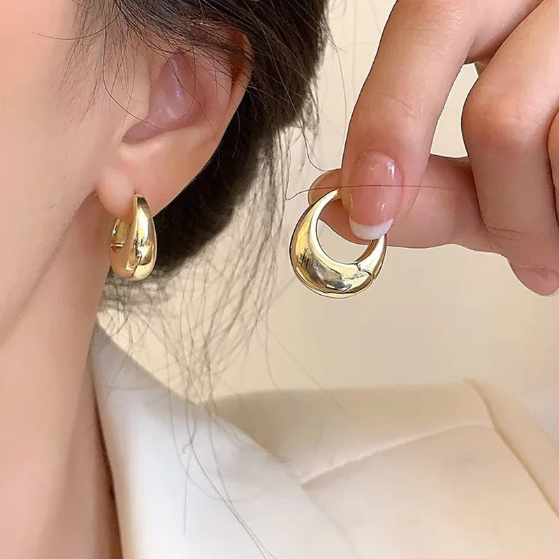 2Pcs Stainless Steel Smooth Metal Hoop Earrings For Woman Girl, Elegent Luxury Jewelry Temperament Girl's Daily Wear Earrings