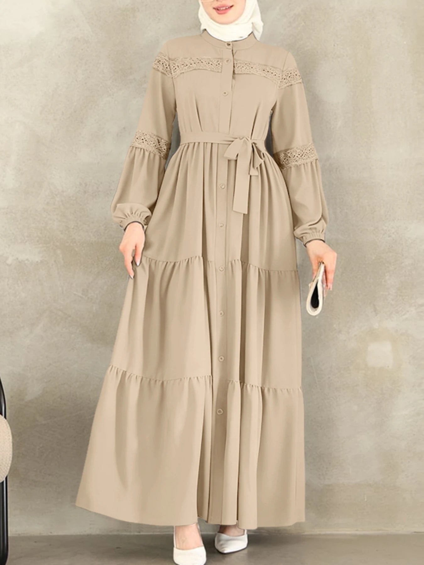 Muslim Modest Hijabs Women Long Dresses ZANZEA Elegant Lace Patchwork O-Neck Long Sleeve Belted Tiered A-Line Dress Abaya Robes