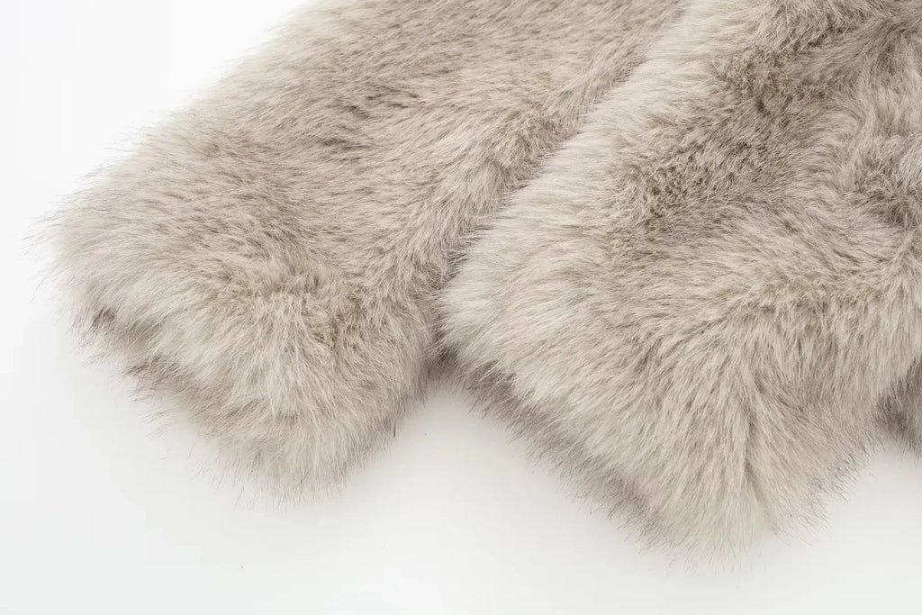 HH Women Fashion Cropped Faux Fur Jacket Coat Long Sleeve Front Snap-button Female Outerwear Chic Lapel Collar Thick Coat