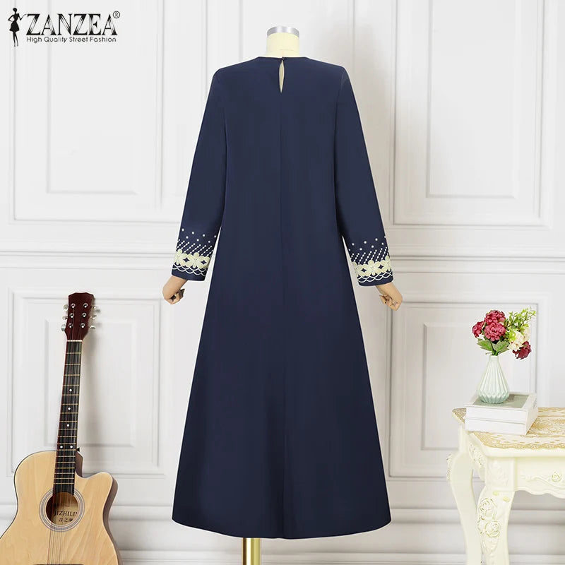 ZANZEA Muslim Fashion Dresses Abaya Women Elegant Long Sleeve Floral Printed Maxi Sundress Vestidos Kaftan IsIamic Robe Ramadan