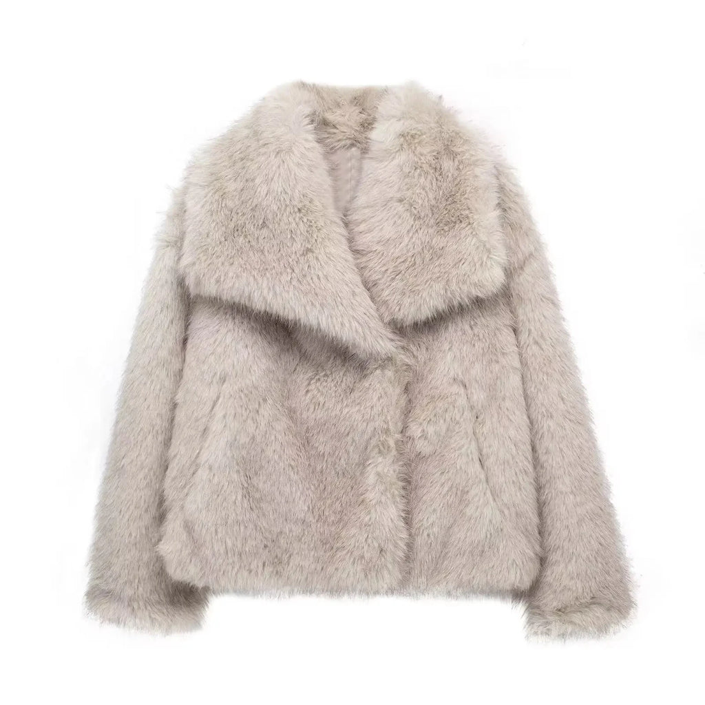 HH Women Fashion Cropped Faux Fur Jacket Coat Long Sleeve Front Snap-button Female Outerwear Chic Lapel Collar Thick Coat