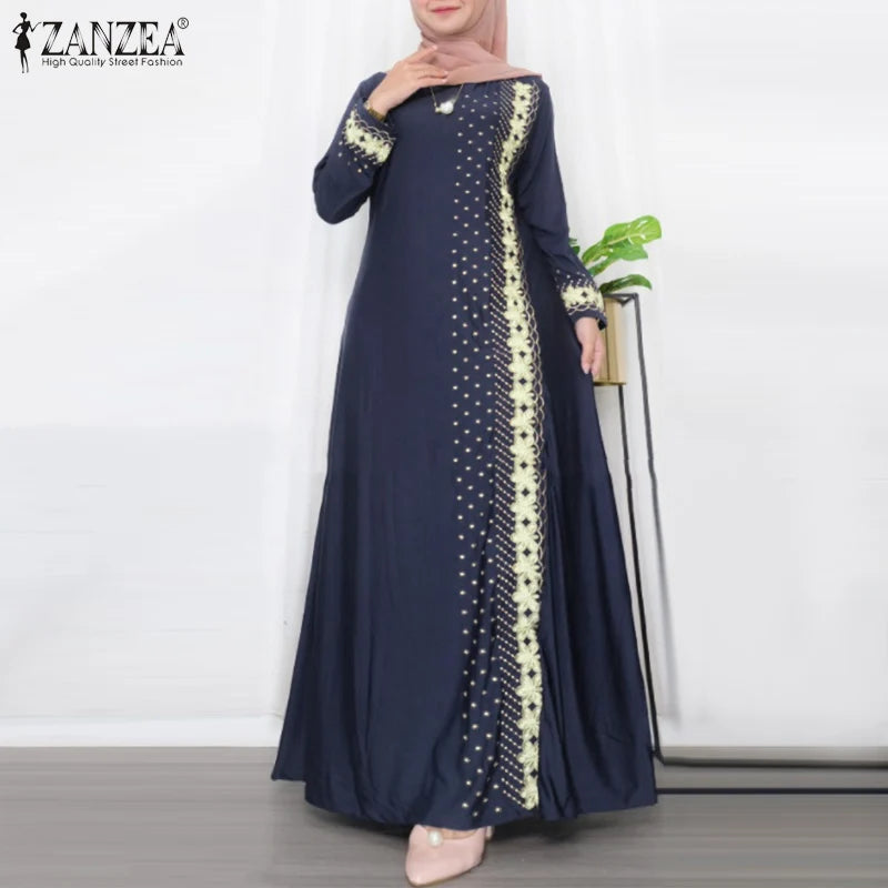 ZANZEA Muslim Fashion Dresses Abaya Women Elegant Long Sleeve Floral Printed Maxi Sundress Vestidos Kaftan IsIamic Robe Ramadan