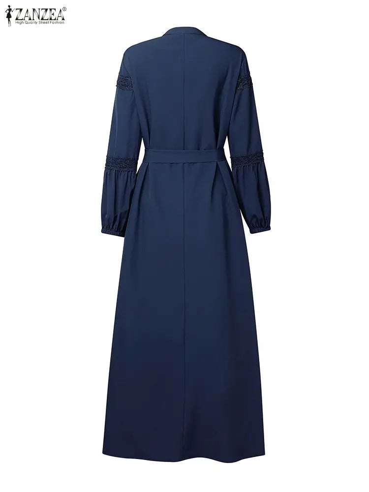Muslim Modest Hijabs Women Long Dresses ZANZEA Elegant Lace Patchwork O-Neck Long Sleeve Belted Tiered A-Line Dress Abaya Robes