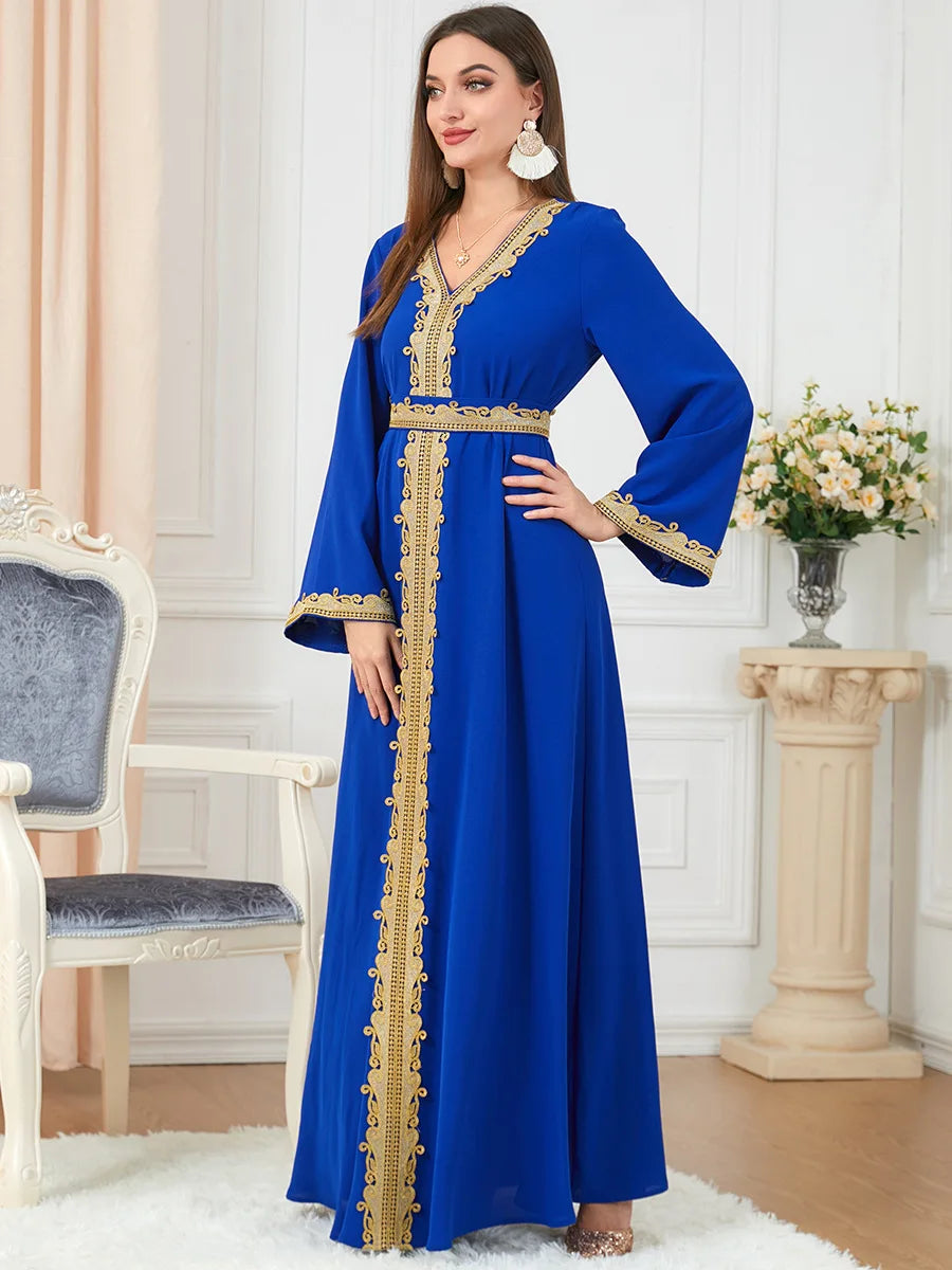 Muslim Women's Clothing, Solid Color Patchwork Basic Style, Loose Embroidery, Long Skirt, Dress, Long-Sleeved Dress