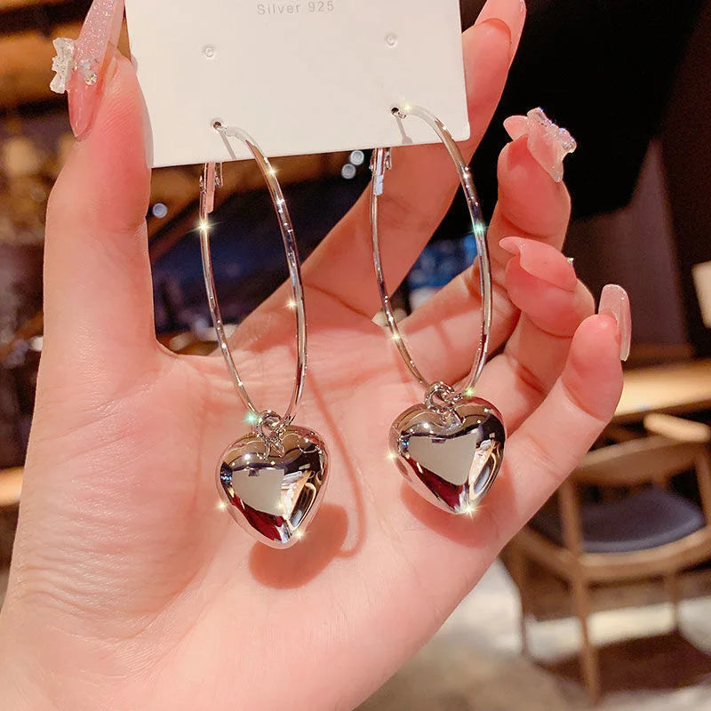 2024 New Heart Pendant Drop Earrings for Women Fashion Gold Color Design Exaggerate Big Circle Hoops Earring Korean Jewelry Gift