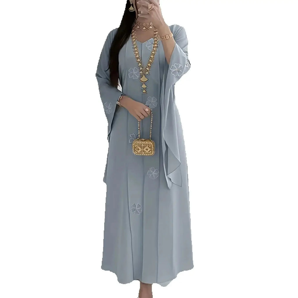 New Middle Eastern Women's Clothing: Elegant Embroidered Beaded Robe, Chiffon Comfortable Commuter Muslim Breathable Shirt, Dubai Saudi Traditional Attire, Long-Sleeve Ethnic Style Festival Party Dress with Headscarf