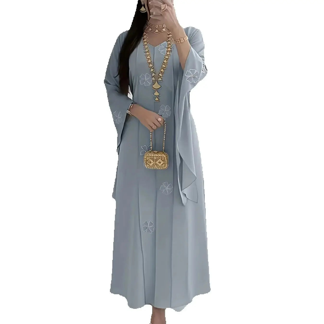 New Middle Eastern Women's Clothing: Elegant Embroidered Beaded Robe, Chiffon Comfortable Commuter Muslim Breathable Shirt, Dubai Saudi Traditional Attire, Long-Sleeve Ethnic Style Festival Party Dress with Headscarf